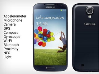 Accelerometer
Microphone
Camera
GPS
Compass
Gyroscope
Wi-Fi
Bluetooth
Proximity
NFC
Light
 