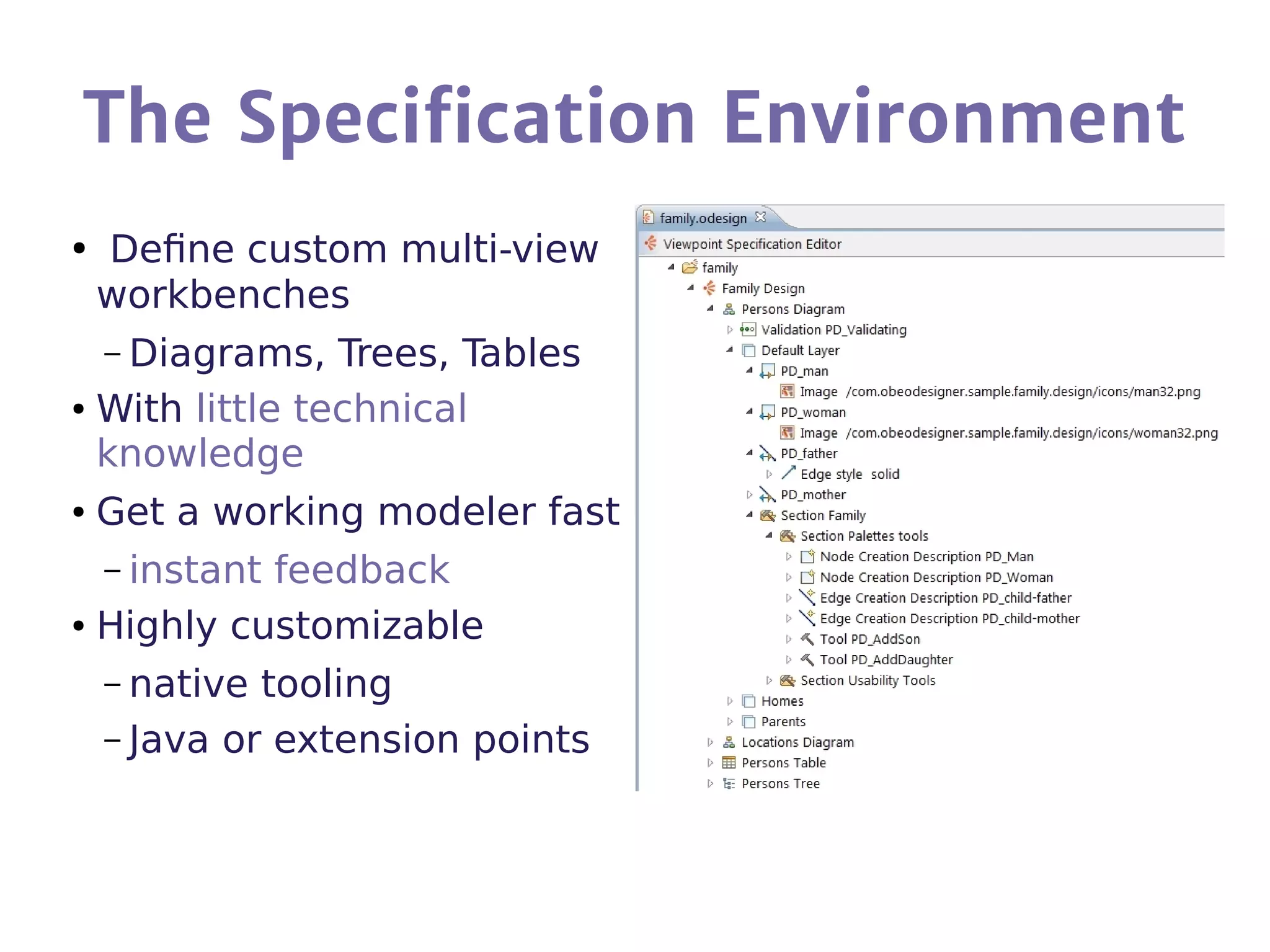 The Specification Environment
● Define custom multi-view
workbenches
– Diagrams, Trees, Tables
● With little technical
knowledge
● Get a working modeler fast
– instant feedback
● Highly customizable
– native tooling
– Java or extension points
 