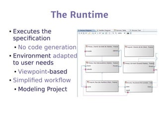 The Runtime
● Executes the
specification
● No code generation
● Environment adapted
to user needs
● Viewpoint-based
● Simp...
