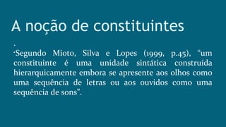 A noção de constituintes
.

Segundo Mioto, Silva e Lopes (1999, p.45), “um
constituinte é uma unidade sintática construída
hierarquicamente embora se apresente aos olhos como
uma sequência de letras ou aos ouvidos como uma
sequência de sons”.
 