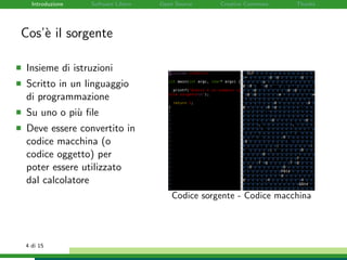 Introduzione Software Libero Open Source Creative Commons Thanks
Cos’`e il sorgente
Insieme di istruzioni
Scritto in un linguaggio
di programmazione
Su uno o pi`u ﬁle
Deve essere convertito in
codice macchina (o
codice oggetto) per
poter essere utilizzato
dal calcolatore
Codice sorgente - Codice macchina
4 di 15
 