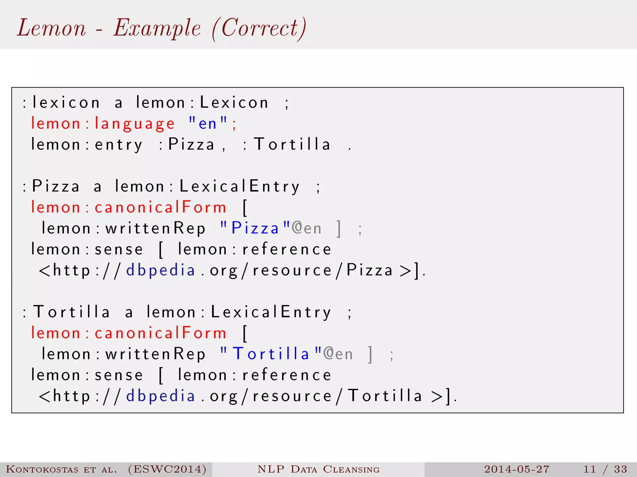 Lemon - Example (Correct)
: l e x i c o n a lemon : Lexicon ;
lemon : language en ;
lemon : entry : Pizza , : T o r t i l l a .
: Pizza a lemon : LexicalEntry ;
lemon : canonicalForm [
lemon : writtenRep  Pizza @en ] ;
lemon : sense [ lemon : r e f e r e n c e
http :// dbpedia . org / resource /Pizza ].
: T o r t i l l a a lemon : LexicalEntry ;
lemon : canonicalForm [
lemon : writtenRep  T o r t i l l a @en ] ;
lemon : sense [ lemon : r e f e r e n c e
http :// dbpedia . org / resource / T o r t i l l a ].
Kontokostas et al. (ESWC2014) NLP Data Cleansing 2014-05-27 11 / 33
 