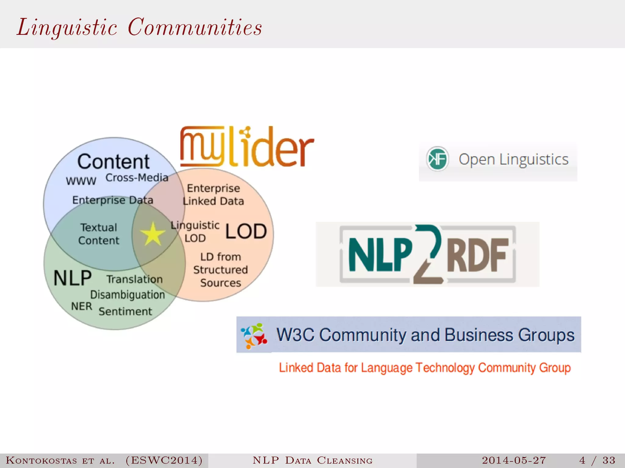 Linguistic Communities
Kontokostas et al. (ESWC2014) NLP Data Cleansing 2014-05-27 4 / 33
 