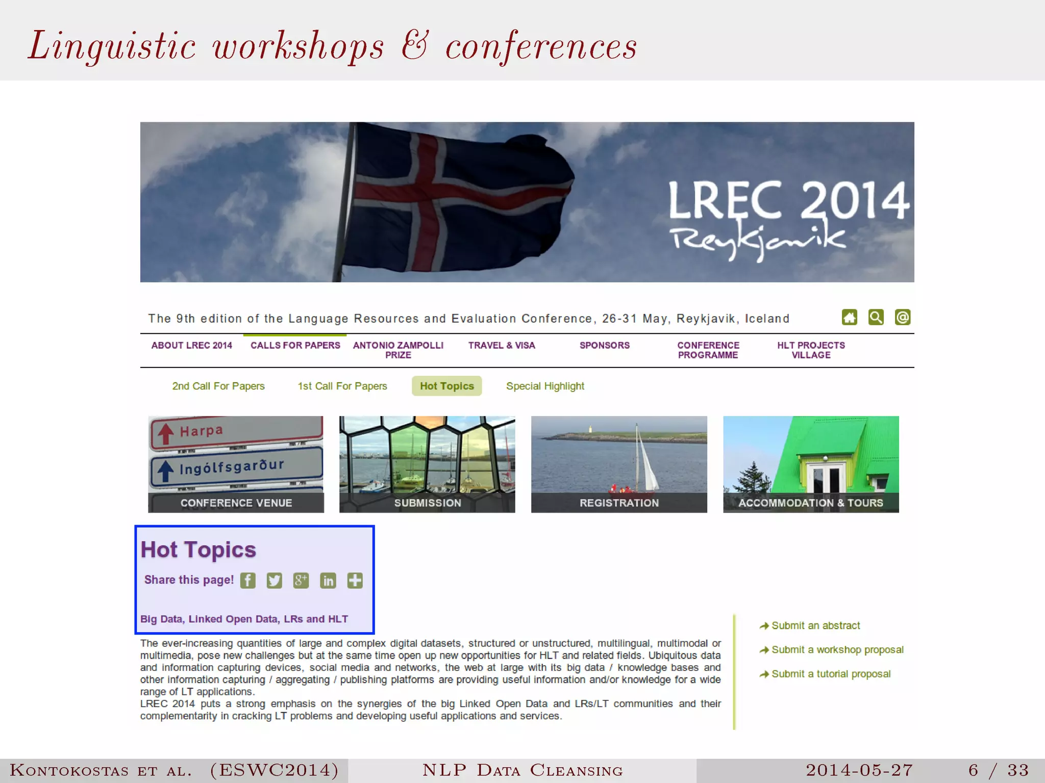 Linguistic workshops & conferences
Kontokostas et al. (ESWC2014) NLP Data Cleansing 2014-05-27 6 / 33
 