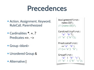 Precedences
Action, Assignment, Keyword,  
RuleCall, Parenthesized
Cardinalities *, +, ? 
Predicates =>, ->
Group <blank>
Unordered Group &
Alternative |
AssignmentFirst:	
	 name=ID?;	
//	(name=ID)?;	
!
CardinalityFirst:	
	 'a' 'b'?;	
//	'a' ('b'?);	
!
PredicateFirst:	
	 =>'a' 'b';	
//	(=>'a') 'b';	
!
GroupFirst:	
	 'a' | 'b' 'c';	
//	'a' | ('b' 'c');
 