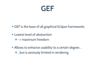 GEF
GEF is the base of all graphical Eclipse frameworks
Lowest level of abstraction
-> maximum freedom
Allows to enhance usability to a certain degree…
…but is seriously limited in rendering
 
