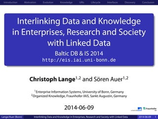 Introduction Motivation Evolution Knowledge URIs Lifecycle Interfaces Discovery Conclusion
Interlinking Data and Knowledge
in Enterprises, Research and Society
with Linked Data
Baltic DB & IS 2014
http://eis.iai.uni-bonn.de
Christoph Lange1,2 and Sören Auer1,2
1Enterprise Information Systems, University of Bonn, Germany
2Organized Knowledge, Fraunhofer IAIS, Sankt Augustin, Germany
2014-06-09
Lange/Auer (Bonn) Interlinking Data and Knowledge in Enterprises, Research and Society with Linked Data 2014-06-09 1
 