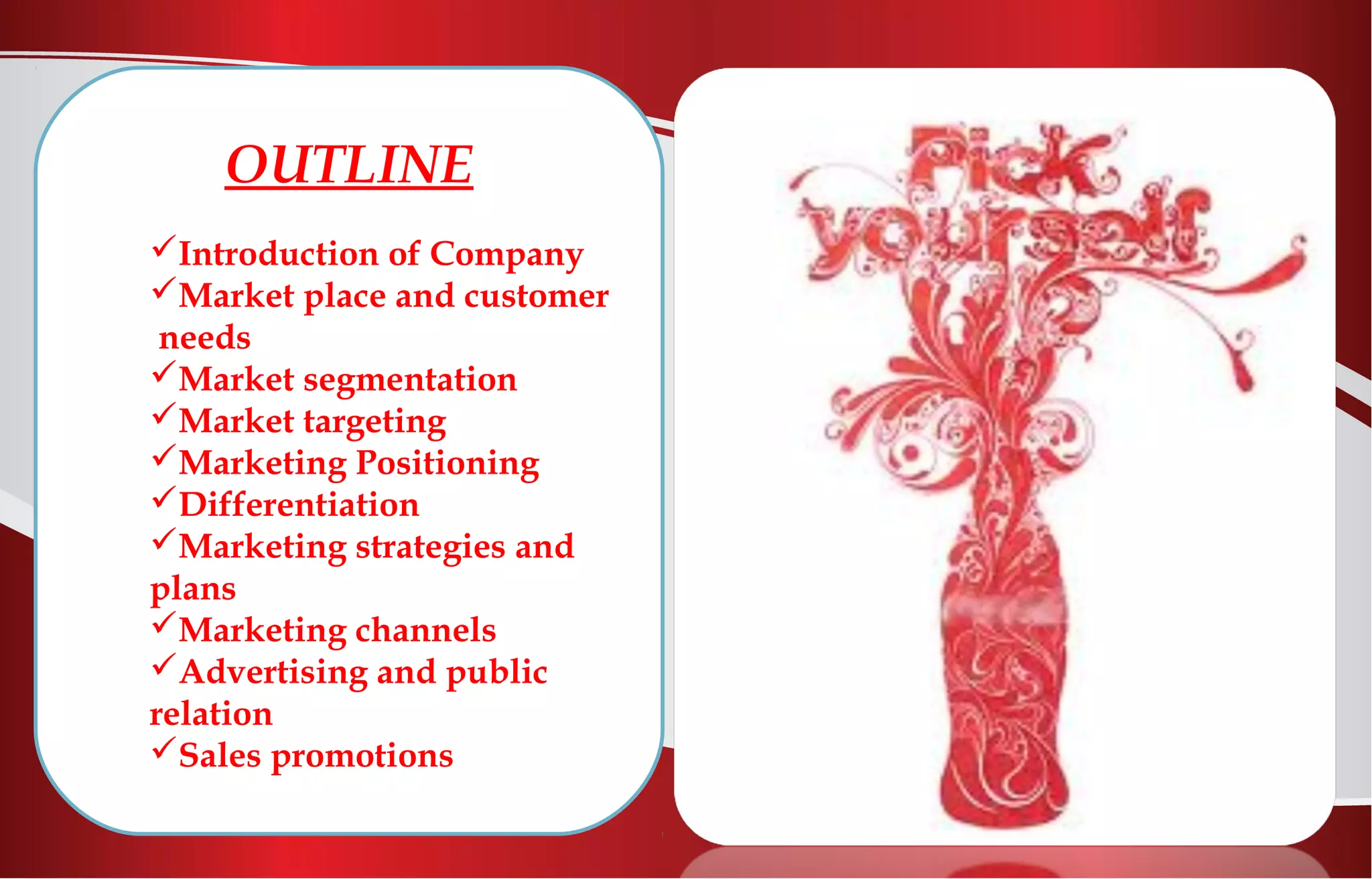 OUTLINE
Introduction of Company
Market place and customer
needs
Market segmentation
Market targeting
Marketing Positioning
Differentiation
Marketing strategies and
plans
Marketing channels
Advertising and public
relation
Sales promotions
 