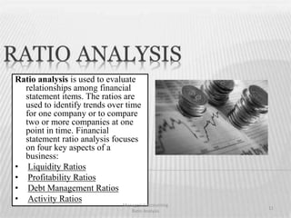 Ratio analysis is used to evaluate
relationships among financial
statement items. The ratios are
used to identify trends over time
for one company or to compare
two or more companies at one
point in time. Financial
statement ratio analysis focuses
on four key aspects of a
business:
• Liquidity Ratios
• Profitability Ratios
• Debt Management Ratios
• Activity Ratios
11
Managerial Accounting
Ratio Analysis
 