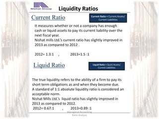 Current Ratio Current Ratio = Current Assets/
Current Liabilities
It measures whether or not a company has enough
cash or liquid assets to pay its current liability over the
next fiscal year.
Nishat mills Ltd.’s current ratio has slightly improved in
2013 as compared to 2012 .
2012= 1.3:1 , 2013=1.5 :1
Liquid Ratio Liquid Ratio = Quick Assets/
Current Liabilities
The true liquidity refers to the ability of a firm to pay its
short term obligations as and when they become due.
A standard of 1:1 absolute liquidity ratio is considered an
acceptable norm.
Nishat Mills Ltd.’s liquid ratio has slightly improved in
2013 as compared to 2012.
2012= 0.67:1 , 2013=0.89 :1
Liquidity Ratios
13
Managerial Accounting
Ratio Analysis
 
