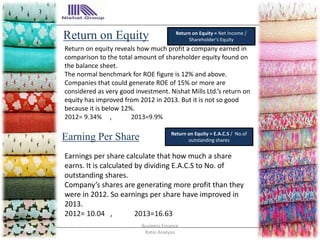 Return on Equity Return on Equity = Net Income /
Shareholder's Equity
Return on equity reveals how much profit a company earned in
comparison to the total amount of shareholder equity found on
the balance sheet.
The normal benchmark for ROE figure is 12% and above.
Companies that could generate ROE of 15% or more are
considered as very good investment. Nishat Mills Ltd.’s return on
equity has improved from 2012 in 2013. But it is not so good
because it is below 12%.
2012= 9.34% , 2013=9.9%
Earning Per Share Return on Equity = E.A.C.S / No.of
outstanding shares
Earnings per share calculate that how much a share
earns. It is calculated by dividing E.A.C.S to No. of
outstanding shares.
Company’s shares are generating more profit than they
were in 2012. So earnings per share have improved in
2013.
2012= 10.04 , 2013=16.63
17
Business Finance
Ratio Analysis
 