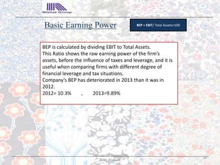 Basic Earning Power BEP = EBIT/ Total Assets×100
BEP is calculated by dividing EBIT to Total Assets.
This Ratio shows the raw earning power of the firm’s
assets, before the influence of taxes and leverage, and it is
useful when comparing firms with different degree of
financial leverage and tax situations.
Company’s BEP has deteriorated in 2013 than it was in
2012.
2012= 10.3% , 2013=9.89%
18
Managerial accounting
Ratio Analysis
 