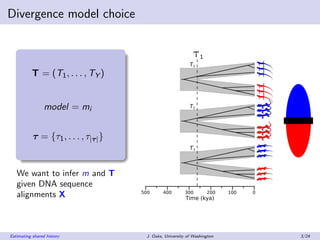 Divergence model choice
T = (T1, . . . , TY)
model = mi
τ = {τ1, . . . , τ|τ|}
We want to infer m and T
given DNA sequence...