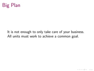 10/34
Big Plan
It is not enough to only take care of your business.
All units must work to achieve a common goal.
 