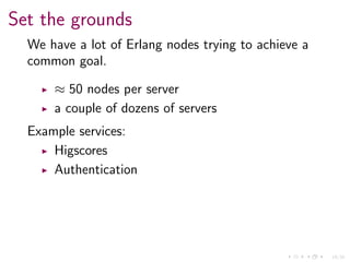 14/34
Set the grounds
We have a lot of Erlang nodes trying to achieve a
common goal.
≈ 50 nodes per server
a couple of dozens of servers
Example services:
Higscores
Authentication
 