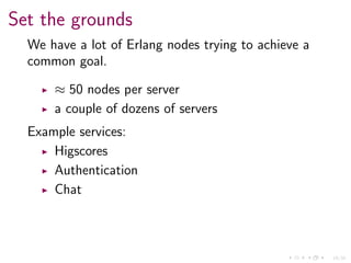 14/34
Set the grounds
We have a lot of Erlang nodes trying to achieve a
common goal.
≈ 50 nodes per server
a couple of dozens of servers
Example services:
Higscores
Authentication
Chat
 