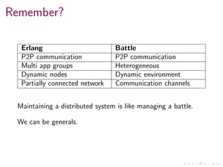 19/34
Remember?
Erlang Battle
P2P communication P2P communication
Multi app groups Heterogeneous
Dynamic nodes Dynamic environment
Partially connected network Communication channels
Maintaining a distributed system is like managing a battle.
We can be generals.
 