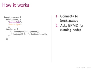 24/34
How it works
{spapi_router, [
{host_names, [
"host1.fqdn",
"host2.fqdn",
]},
{workers, [
{"^header[0-9]*", [header]},
{"^mainsec[0-9]*", [mainsection]},
]}
]}
1. Connects to
host names
2. Asks EPMD for
running nodes
 