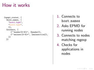 24/34
How it works
{spapi_router, [
{host_names, [
"host1.fqdn",
"host2.fqdn",
]},
{workers, [
{"^header[0-9]*", [header]},
{"^mainsec[0-9]*", [mainsection]},
]}
]}
1. Connects to
host names
2. Asks EPMD for
running nodes
3. Connects to nodes
matching regexp
4. Checks for
applications in
nodes
 