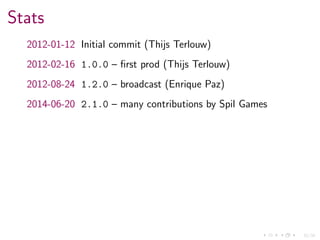32/34
Stats
2012-01-12 Initial commit (Thijs Terlouw)
2012-02-16 1.0.0 – ﬁrst prod (Thijs Terlouw)
2012-08-24 1.2.0 – broadcast (Enrique Paz)
2014-06-20 2.1.0 – many contributions by Spil Games
 