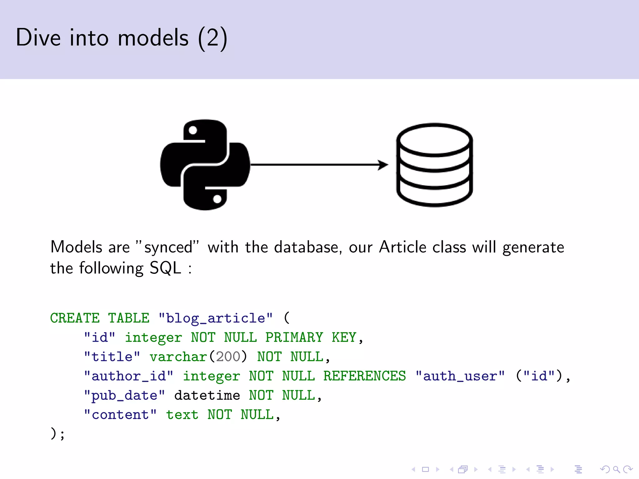 Dive into models (2) Models are ”synced” with the database, our Article class will generate the following SQL : CREATE TABLE "blog_article" ( "id" integer NOT NULL PRIMARY KEY, "title" varchar(200) NOT NULL, "author_id" integer NOT NULL REFERENCES "auth_user" ("id"), "pub_date" datetime NOT NULL, "content" text NOT NULL, ); 