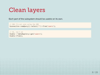 Clean layers
Each part of the subsystem should be usable on its own.
// OMG I'm not even using the ORM
$connection->newQue...