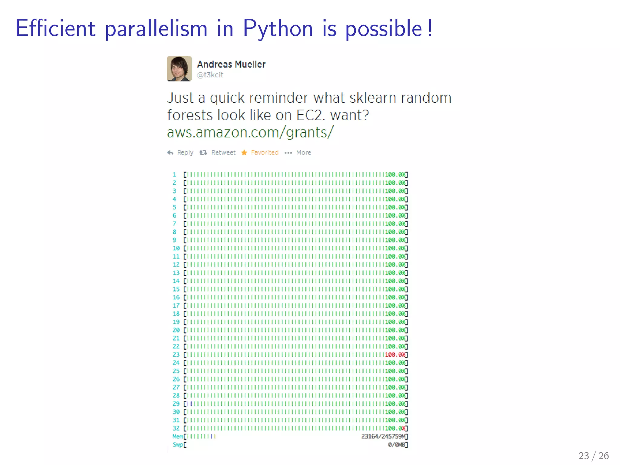 ling (cont.) 
# line_profiler 
In [5]: %lprun -f DecisionTreeClassifier.fit clf.fit(X, y) 
Line % Time Line Contents 
================================= 
... 
256 4.5 self.tree_ = Tree(self.n_features_, self.n_classes_, self.n_outputs_) 
257 
258 # Use BestFirst if max_leaf_nodes given; use DepthFirst otherwise 
259 0.4 if max_leaf_nodes  0: 
260 0.5 builder = DepthFirstTreeBuilder(splitter, min_samples_split, 
261 0.6 self.min_samples_leaf, 262 else: 
263 builder = BestFirstTreeBuilder(splitter, min_samples_split, 
264 self.min_samples_leaf, max_depth, 
265 max_leaf_nodes) 
266 
267 22.4 builder.build(self.tree_, X, y, sample_weight) 
... 
17 / 26 
 