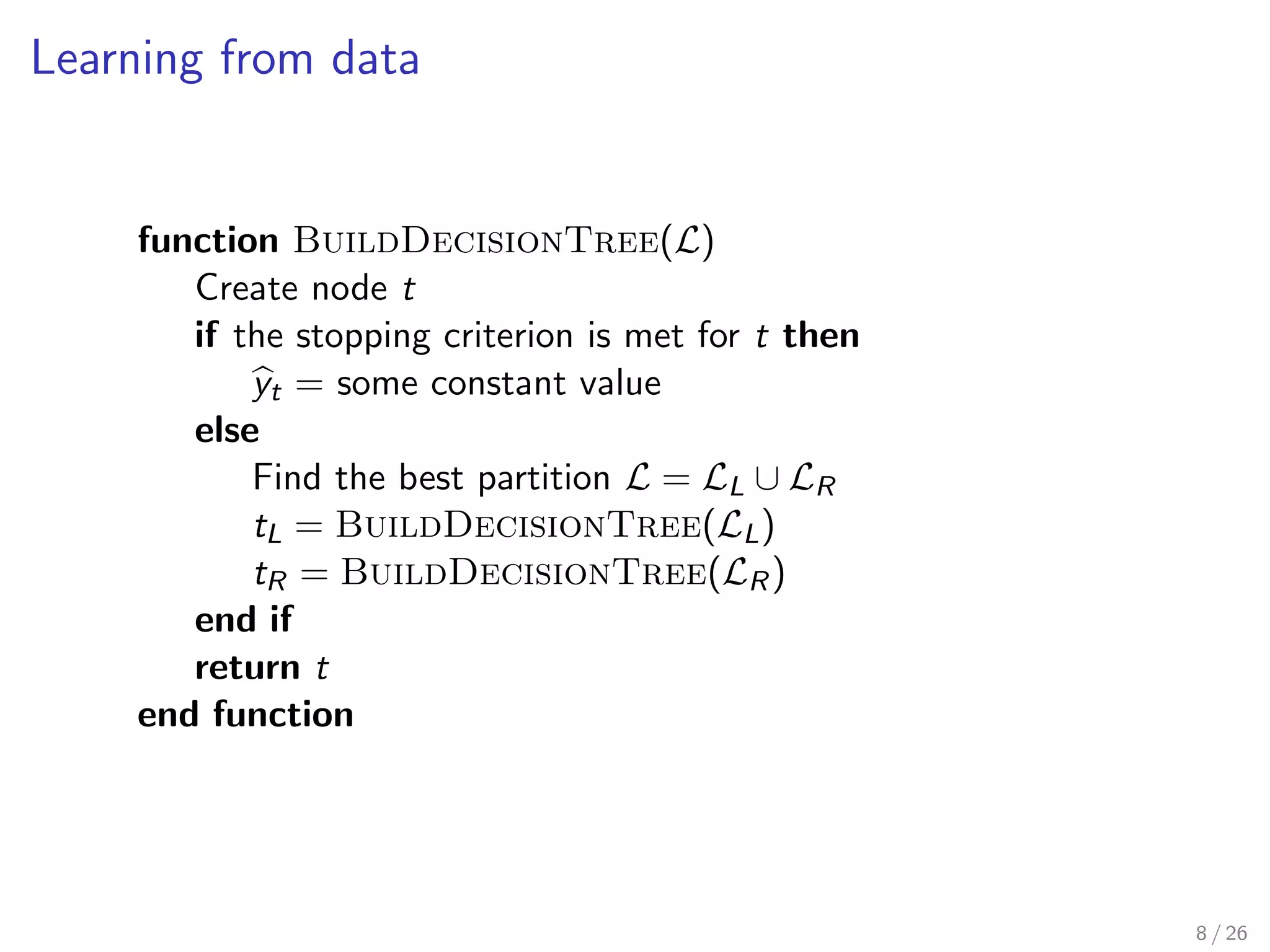 Random Forests 
풙 
휑1 휑푀 
푝휑1 (푌 = 푐|푋 = 풙) 
… 
푝휑푚 (푌 = 푐|푋 = 풙) 
Σ 
푝휓(푌 = 푐|푋 = 풙) 
Ensemble of M randomized decision trees 'm 
 (x) = arg maxc2Y 
1M 
PM 
m=1 p'm(Y = cjX = x) 
7 / 26 
 