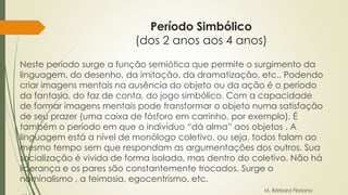 Período Simbólico 
(dos 2 anos aos 4 anos) 
Neste período surge a função semiótica que permite o surgimento da 
linguagem, do desenho, da imitação, da dramatização, etc.. Podendo 
criar imagens mentais na ausência do objeto ou da ação é o período 
da fantasia, do faz de conta, do jogo simbólico. Com a capacidade 
de formar imagens mentais pode transformar o objeto numa satisfação 
de seu prazer (uma caixa de fósforo em carrinho, por exemplo). É 
também o período em que o indivíduo “dá alma” aos objetos . A 
linguagem está a nível de monólogo coletivo, ou seja, todos falam ao 
mesmo tempo sem que respondam as argumentações dos outros. Sua 
socialização é vivida de forma isolada, mas dentro do coletivo. Não há 
liderança e os pares são constantemente trocados. Surge o 
nominalismo , a teimosia, egocentrismo, etc. 
M. Bárbara Floriano 
/2014 
 