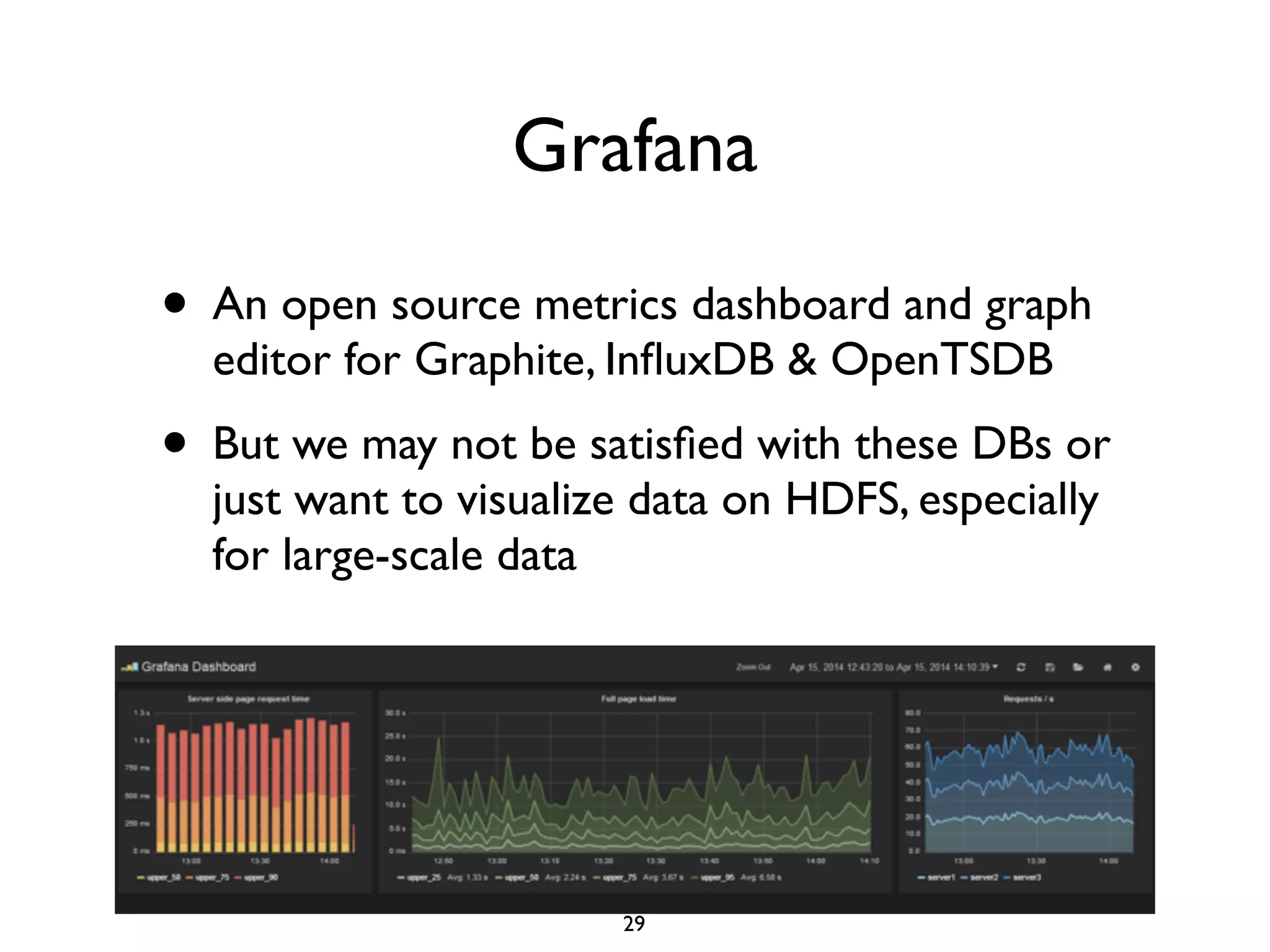 Grafana
• An open source metrics dashboard and graph
editor for Graphite, InﬂuxDB & OpenTSDB	

• But we may not be satisﬁed with these DBs or
just want to visualize data on HDFS, especially
for large-scale data
29
 