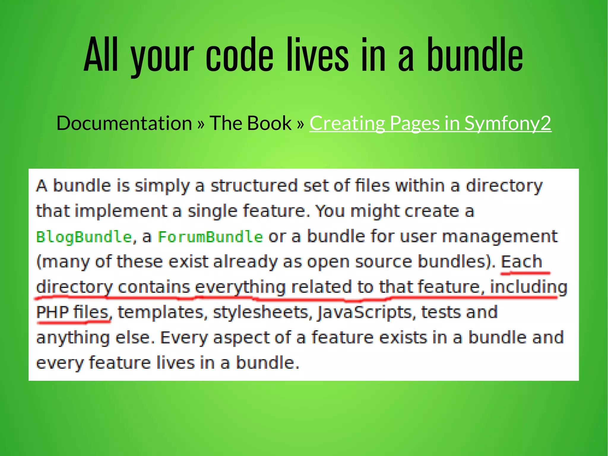 All your code lives in a bundle 
Documentation » The Book » Creating Pages in Symfony2 
 