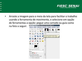 • Arraste a imagem para o meio da tela para facilitar o trabalho 
usando a ferramenta de movimento, e selecione em opção 
de ferramentas a opção: pegue uma camada ou guia como 
na foto a seguir: 
 