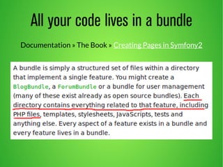 All your code lives in a bundle 
Documentation » The Book » Creating Pages in Symfony2 
 