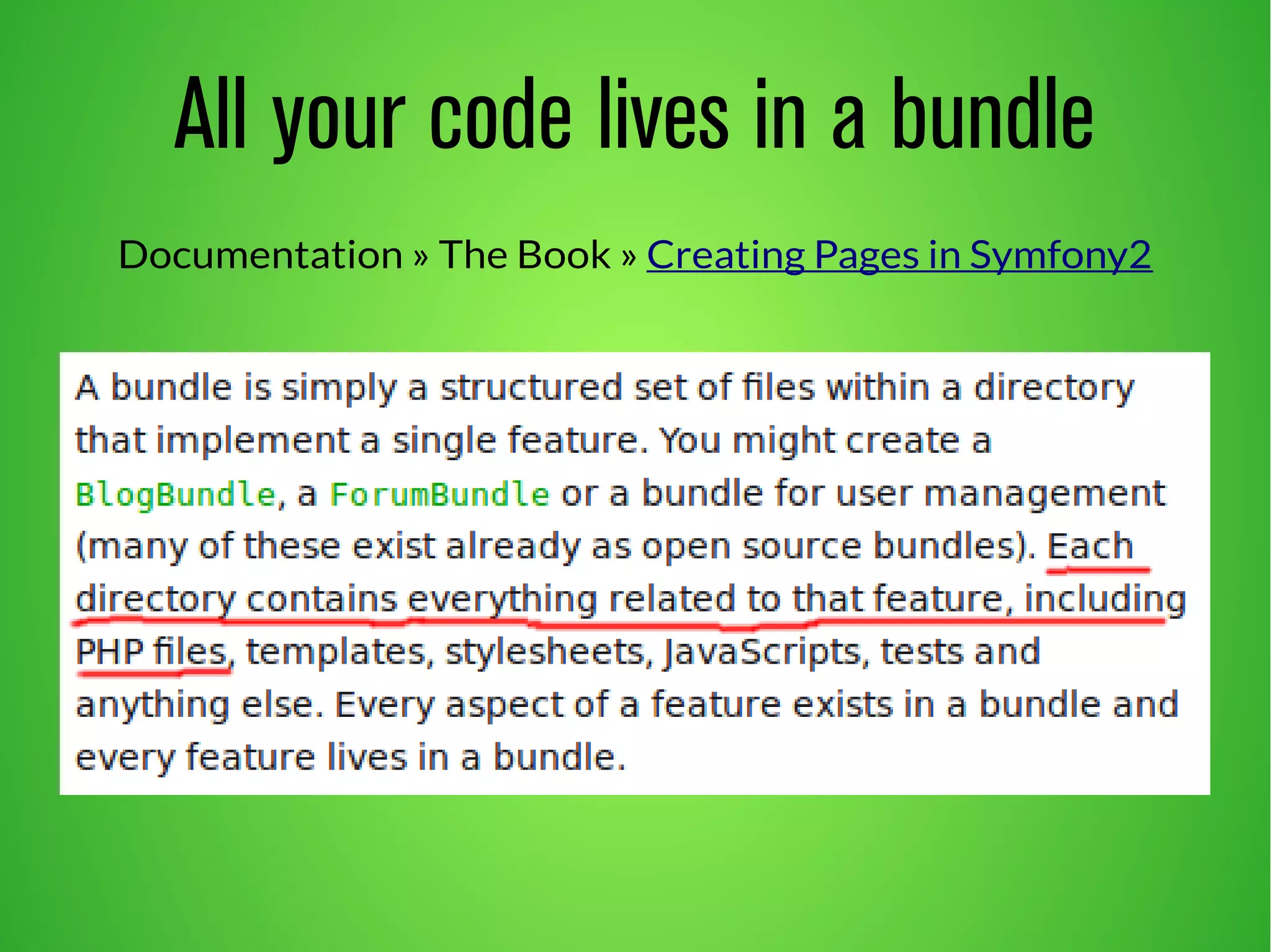 All your code lives in a bundle 
Documentation » The Book » Creating Pages in Symfony2 
 