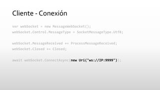 Cliente -Conexión 
ver webSocket= new MessageWebSocket(); 
webSocket.Control.MessageType= SocketMessageType.Utf8; 
webSock...