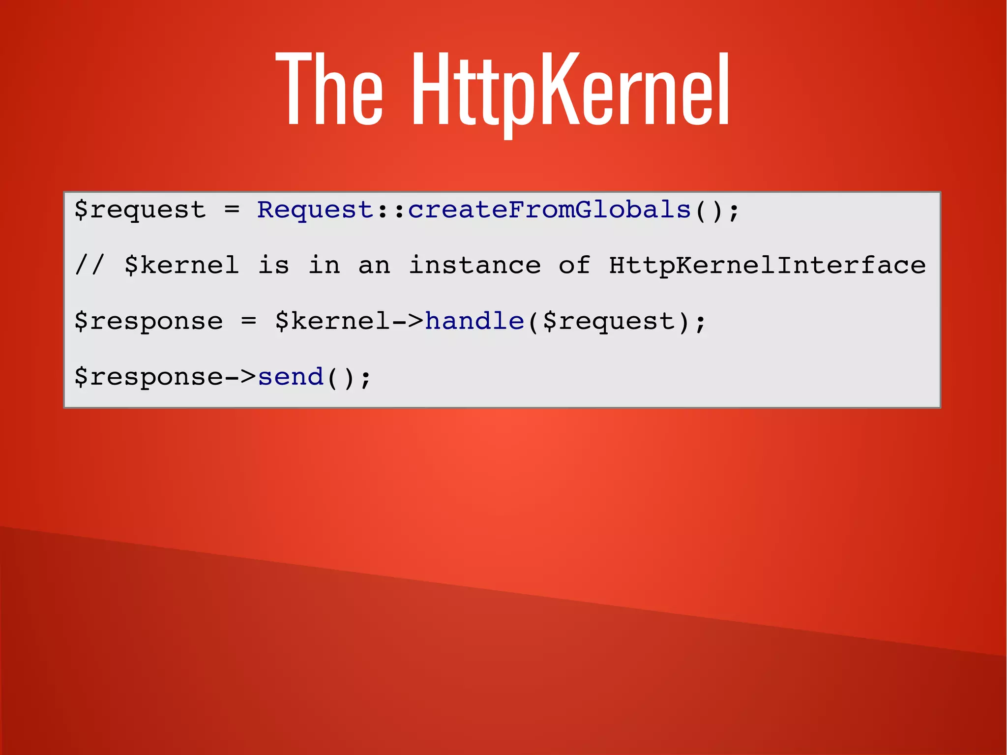 The HttpKernel 
$request = Request::createFromGlobals(); 
// $kernel is in an instance of HttpKernelInterface 
$response = $kernel->handle($request); 
$response->send(); 
 