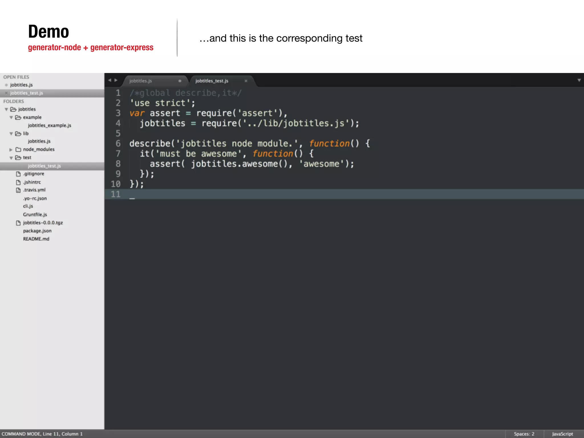 Demo 
generator-node + generator-express 
…and this is the corresponding test 
 