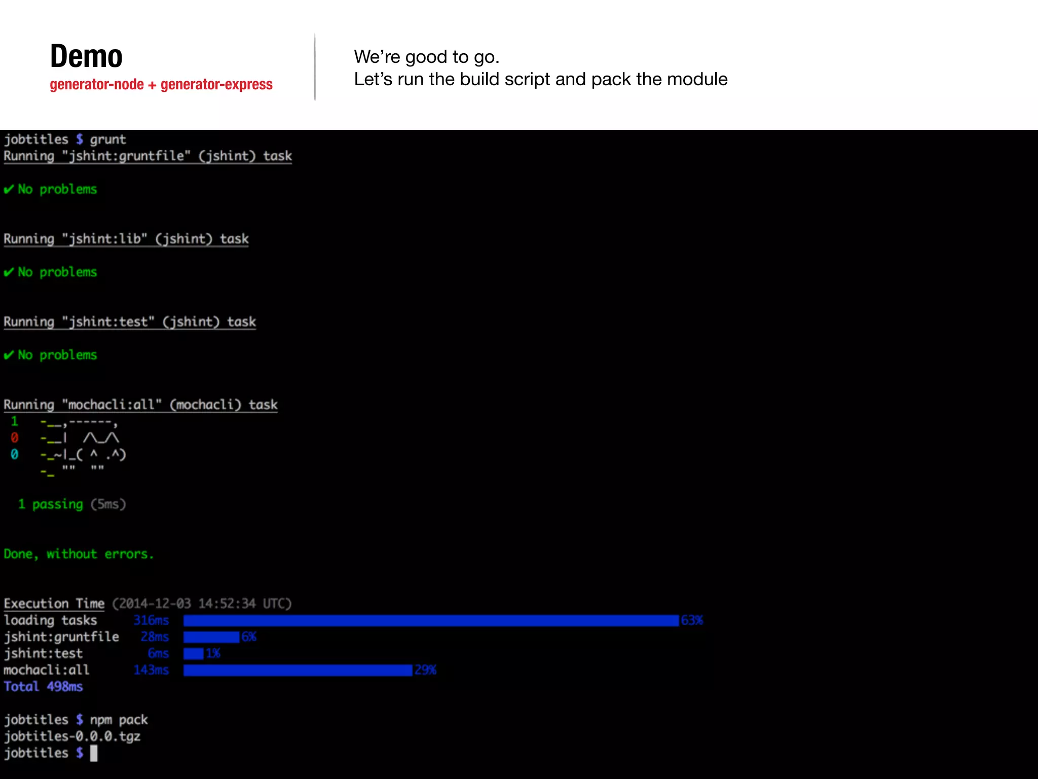 Demo 
generator-node + generator-express 
We’re good to go. 
Let’s run the build script and pack the module 
 