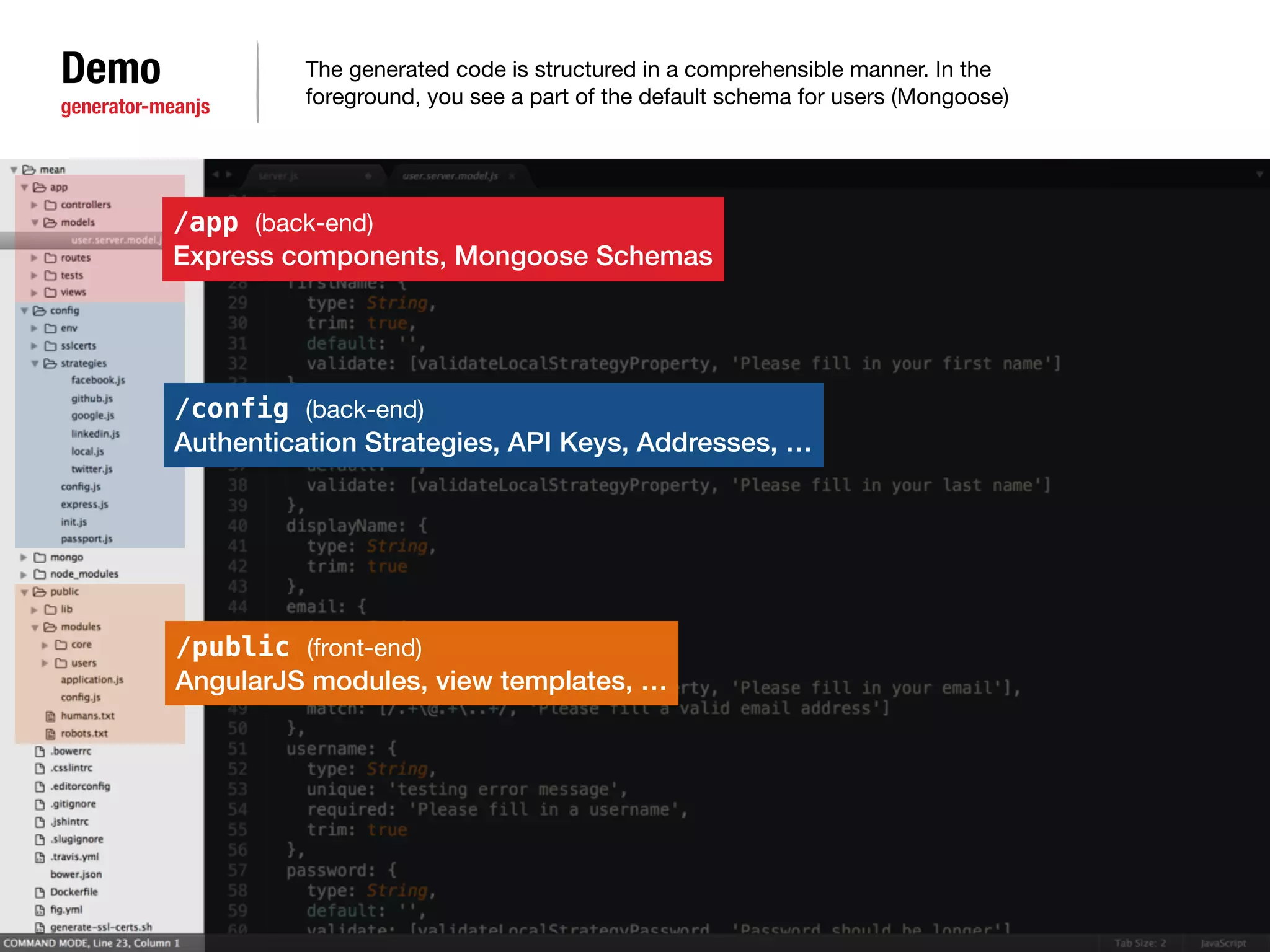 Demo 
generator-meanjs 
The generated code is structured in a comprehensible manner. In the 
foreground, you see a part of the default schema for users (Mongoose) 
/app (back-end) 
Express components, Mongoose Schemas 
/config (back-end) 
Authentication Strategies, API Keys, Addresses, … 
/public (front-end) 
AngularJS modules, view templates, … 
 