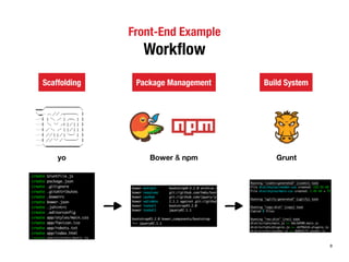 Front-End Example 
Workflow 
Scaffolding Package Management Build System 
yo Bower & npm Grunt 
9 
 