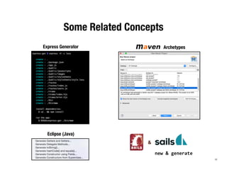 Some Related Concepts 
Express Generator Archetypes 
Eclipse (Java) 
& 
new 
& 
generate 
11 
 