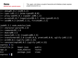 Demo 
generator-node + generator-express 
This, again, only takes a couple of seconds and initializes a basic express 
project structure for us 
 