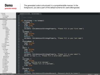 Demo 
generator-meanjs 
The generated code is structured in a comprehensible manner. In the 
foreground, you see a part of the default schema for users (Mongoose) 
 