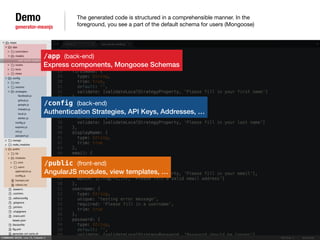 Demo 
generator-meanjs 
The generated code is structured in a comprehensible manner. In the 
foreground, you see a part of the default schema for users (Mongoose) 
/app (back-end) 
Express components, Mongoose Schemas 
/config (back-end) 
Authentication Strategies, API Keys, Addresses, … 
/public (front-end) 
AngularJS modules, view templates, … 
 
