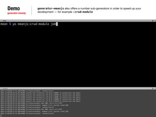 Demo 
generator-meanjs 
generator-meanjs also offers a number sub-generators in order to speed up your 
development — for example :crud-module 
 
