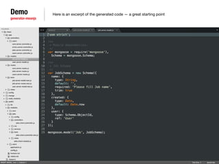 Demo 
generator-meanjs 
Here is an excerpt of the generated code — a great starting point 
 