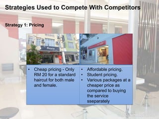Strategies Used to Compete With Competitors 
Strategy 1: Pricing 
• Cheap pricing - Only 
RM 20 for a standard 
haircut for both male 
and female. 
• Affordable pricing. 
• Student pricing. 
• Various packages at a 
cheaper price as 
compared to buying 
the service 
sseparately 
 