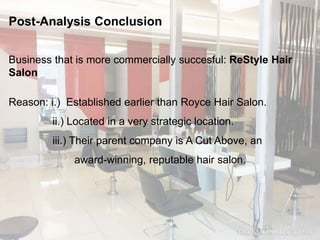 Post-Analysis Conclusion 
Business that is more commercially succesful: ReStyle Hair 
Salon 
Reason: i.) Established earlier than Royce Hair Salon. 
ii.) Located in a very strategic location. 
iii.) Their parent company is A Cut Above, an 
award-winning, reputable hair salon. 
 