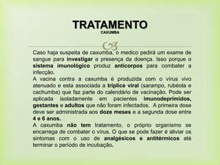 
TRATAMENTOCAXUMBA
Caso haja suspeita de caxumba, o medico pedirá um exame de
sangue para investigar a presença da doença. Isso porque o
sistema imunológico produz anticorpos para combater a
infecção.
A vacina contra a caxumba é produzida com o vírus vivo
atenuado e esta associada a tríplice viral (sarampo, rubéola e
cachumba) que faz parte do calendário de vacinação. Pode ser
aplicada isoladamente em pacientes imunodeprimidos,
gestantes e adultos que não foram infectados. A primeira dose
deve ser administrada aos doze meses e a segunda dose entre
4 e 6 anos.
A caxumba não tem tratamento, o próprio organismo se
encarrega de combater o vírus. O que se pode fazer é aliviar os
sintomas com o uso de analgésicos e antitérmicos até
terminar o período de incubação.
 