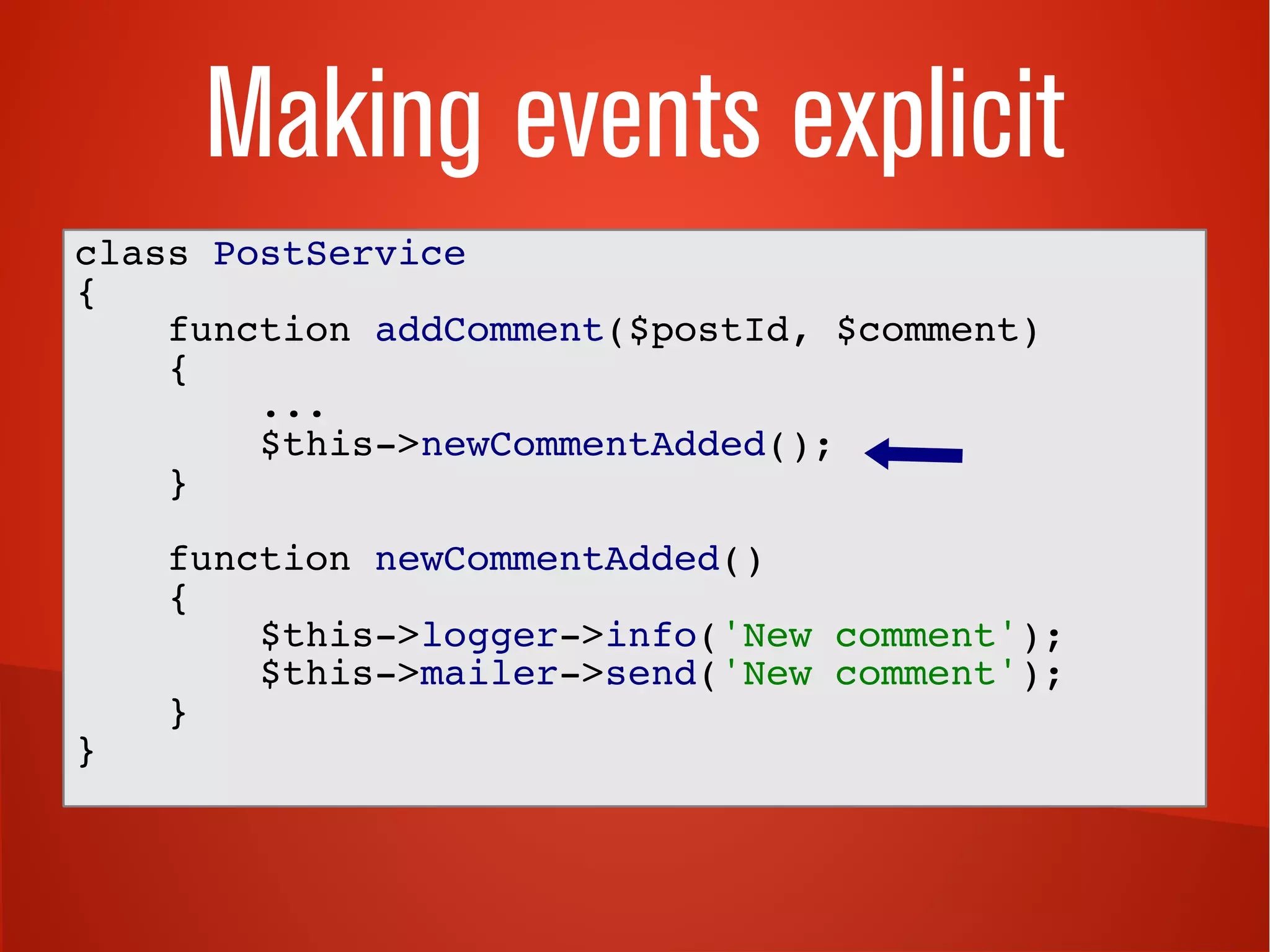 Making events explicit
class PostService
{
function addComment($postId, $comment)
{
...
$this->newCommentAdded();
}
function newCommentAdded()
{
$this->logger->info('New comment');
$this->mailer->send('New comment');
}
}
 